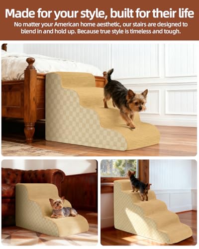 Image of Dog Stairs Curved Ramp for Small Dogs 19.5 inch H, 4-Step Pet Stairs for Couch Bed with High Density Foam, Dog Slope Stairs with Durable Non-Slip Bottom Khaki
