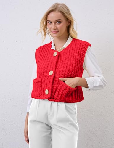 Image of Women Crochet Knit Sweater Vest Button Up Cropped Casual Sleeveless Vest Fashion Vintage Cardigan with Pocket Red