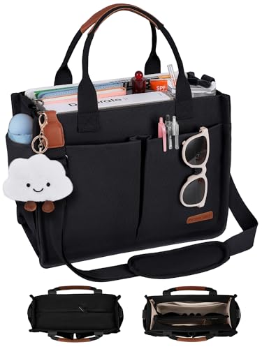 BESBESME Canvas Tote Bag for Women with Zipper & Compartments– Large Multi-Pocket Work & College Crossbody Shoulder Bag, Detachable Strap, Laptop Purse for Teachers, Nurses, Travel, Church, Black M
