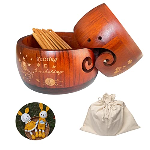 nutroeno Sets Wooden Yarn Bowl for Crocheting Handmade Large Knitting Bowl Yarn Holder for Knitters, Wool Storage Organizer with 1nutroeno Pieces Crochet Hooks for Mother's Day Christmas Gift Brown