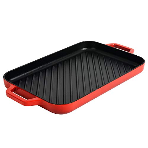 ProCook Cast Iron Rectangular Griddle Pan - 36 x 24cm - Red - Grill Pan with Ridged Cooking Surface and Dual Handles