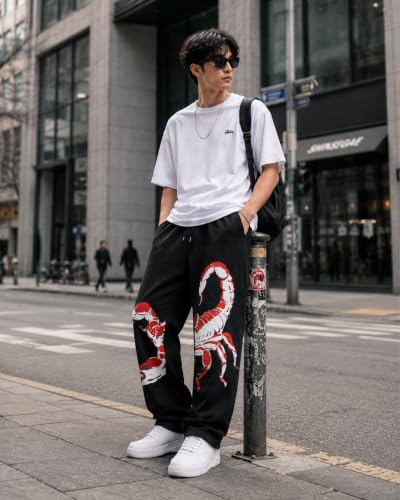 Image of Aesthetic Gothic Wide Leg Pants for Men | Tribal Print Baggy Streetwear | Oversized Track Pants with Elastic Waist | Black and White Relaxed Fit Bottoms