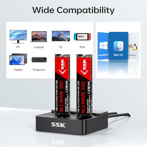 SSK NVMe SSD Cloner, M.2 Duplicator Dual Bay NVMe Enclosure, Tool-Free 20Gbps USB3.2 Gen 2X2 SSD to USB Adapter M.2 Docking Station for M Key PCIE NVMeSSD Reader Supports Offline Clone