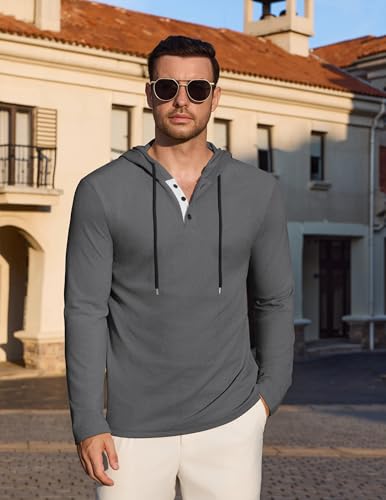 Vssjavun Mens Hoodie Pullover Long Sleeve Casual Henley Shirts Slim Fit Hooded Athletic Shirt with Drawstring2