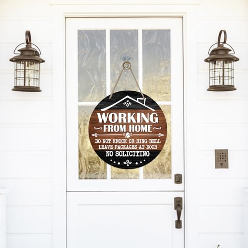 Image of Deroro No Soliciting Front Door Sign, Working from Home Wood Door Hanger Outdoor Outside Porch Decor, Please Do Not Knock Farmhouse Rustic Wooden Wreath Indoor Wall Hanging Decoration