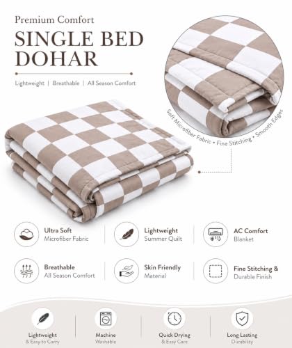Image of Single Bed Dohar Elegant Beige Check | Lightweight Summer Quilt | Soft Microfiber AC Blanket | Breathable All Season Comforter | Skin Friendly Bed Cover