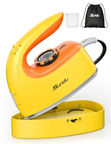 Image of Sundu 1000W Mini Travel Steam Iron, Portable Small Iron for Quilting & Sewing, Non-Stick Soleplate, 300 Steam Holes, 90ml Tank, Safety Base & Digital Temperature Control-Yellow