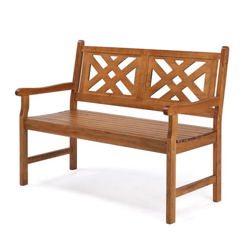 Image of VINGLI 50 inch Outdoor Wood Bench, Weatehr Resistant Wooden Garden Patio Bench with Comfortable Backrest & Curved Armrest, 800lb Capacity Loveseat for Front Porch Park Yard Deck (Natural, Geometric)