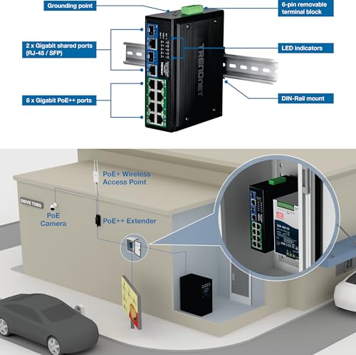 Image of TRENDnet 10-Port Industrial Gigabit 400W PoE++ DIN-Rail Switch, TI-BG108, 8 x Gigabit PoE++ Ports, 2 x Gigabit Shared Ports (RJ-45 / SFP), 20Gbps, 400W (Renewed)