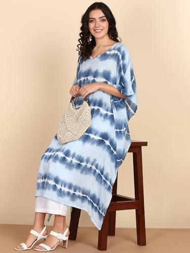 Image of Maaesa Women Handcrafted Tie & Dye Rayon Crepe Kaftan Dress | Casual Wear | Flowy Kaftan Style | Lightweight & Breathable Fabric