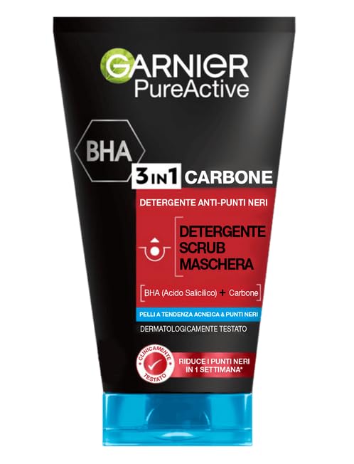 GARNIER Skin Active - Pure Active, Gel Limpiador de Poros y Exfoliante Facial con Carbón 3 en 1, 150 ml