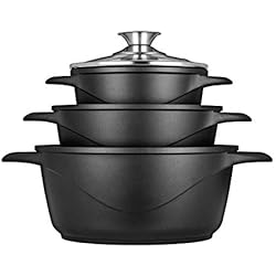 Ollas Y Cacerolas De Aluminio Smile MGK18 - Batería de Cocina Inducción 6 Piezas Aluminio Fundido, 3 ollas, Tapas de Vidrio Templado, Revestimiento Antiadherente, Apta para Todo tTpo de Cocinas, Libre PFOA