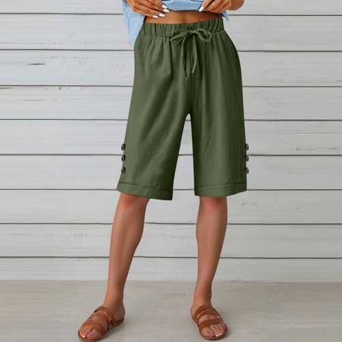 Womens Knee Length Shorts Drawstring Waisted Buttons Summer Dressy Causal Lightweight Pants with Pockets