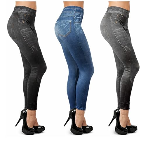 ShopINess Slim Jeggings Slim Damen-Jeggings aus Stretch-Jeans Blau, Grau, Schwarz Bequeme Formende 3er-Pack Enges Muster (L/XL)