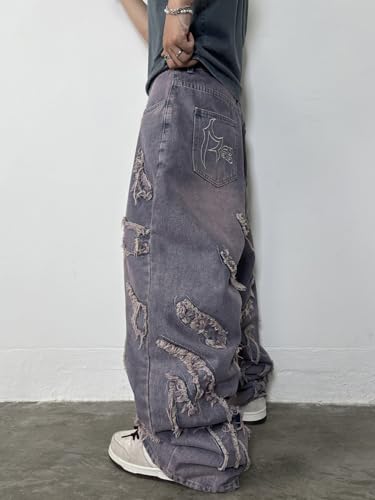 Men's Baggy Jeans Hip-hop Fringe Frayed Edges Jeans Wide Leg Denim Pants3