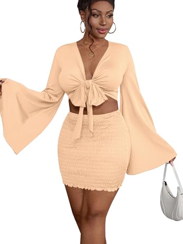 Image of LYANER Women 2 Piece Vacation Outfits Tie Knot Front Bell Long Sleeve Crop Top and Mini Skirt Summer Set