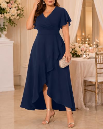 Image of Pinup Fashion Plus Size Formal Wedding Guest Cocktail High Low Long Dress | Elegant wrap v-neck, flutter sleeves, empire waist, hi-lo split ruffle hem, evening, mother of bride /groom, easter