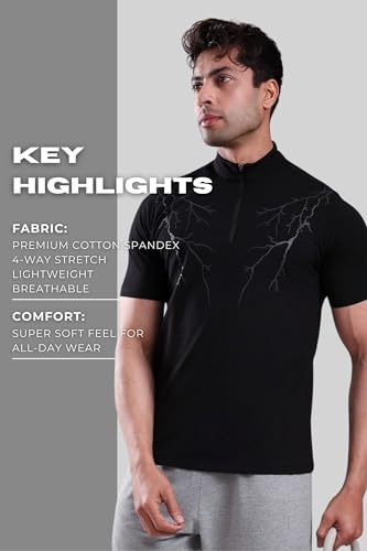 Image of GROW Stylish Gym T Shirts for Men Workout | Cotton and Spandex Quarter Zip Back Printed Collar T Shirts for Men Half Sleeves
