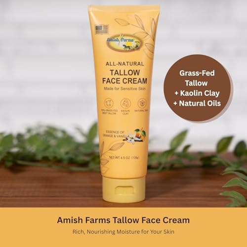 Amish Farms Grass Fed Beef Tallow Face Moisturizer with Kaolin Clay, Vitamin E & Olive Oil - 100% Organic Tallow Cream for Dry Sensitive Skin, Orange Vanilla Scent Lotion Skincare for Men & Women