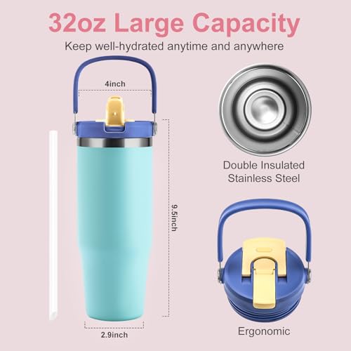 Winscj 32 oz Tumbler with Handle and Flip Straw,Keep Cold or Hot,Fits in Cup Holder,Reusable Leak Proof Stainless Steel Vacuum Water Bottle,Suitable for Home Gym Trave, Easy to Carry (Cyan Blue)