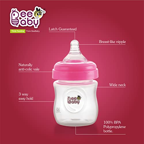 Image of BeeBaby Ease Wide Neck Feeding Bottle 150 ml | BPA Free Easy Latching Baby Milk Bottle for Newborns & Infants | Soft Silicone Anti-Colic Nipple Medium Flow (4 Months +) |Pink, Pack of 2