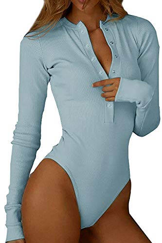 GEMBERA Womens Long Sleeves Button Down Sexy V Neck Ribbed Bodycon Bodysuit Top Light Blue XL