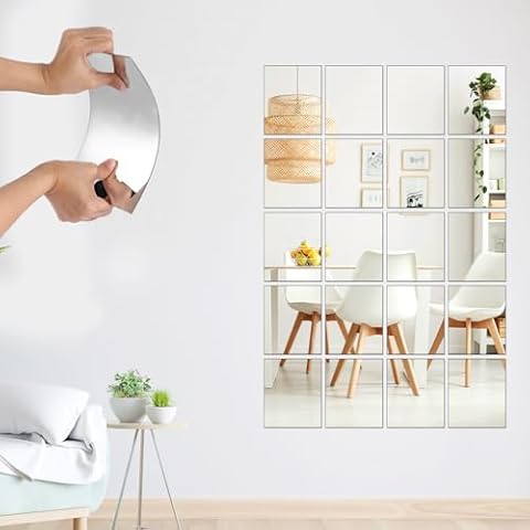 Queekay 20 Pcs Mirror Tiles for Wall Decor 6'' x 9'' Self Adhesive Flexible Mirror Sheets 2 mm Thick Small Acrylic Mirror Stickers Peel and Stick Plastic Adhesive Frameless Mirror Decor Cover