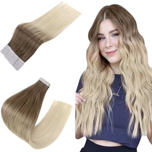 Easyouth Ombre Tape in Hair Extensions Human Hair Invisible Tape in Extensions Brown to Blonde Balayage Tape in Real Hair Extensions Natural 12 Inch 20Pcs 30g