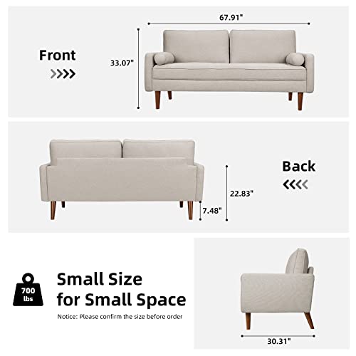 Koorlian Beige Small Couches, 68 Inch Fabric Loveseat Sofa, 2 Seater Couch For Small Space, Button Tufted Seat Cushion, Square Armrest, 2 Throw Pillows, Modern Sofa For Bedroon, Living Room, Apartment #TOP1
