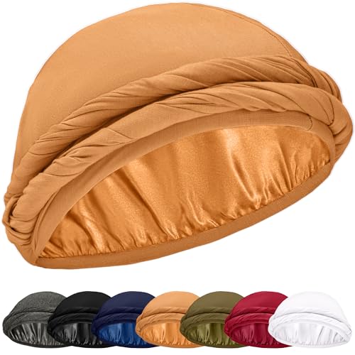 CAPLORD Silk Satin Lined Halo Turban Head Wrap Pre-Tied Skull Cap for Men and Women Sleeping Bonnet Hair Cover Chemo Hair Loss Hat (US, Alpha, X-Large, Tan) by CAPLORD - Used condition - US$7.54