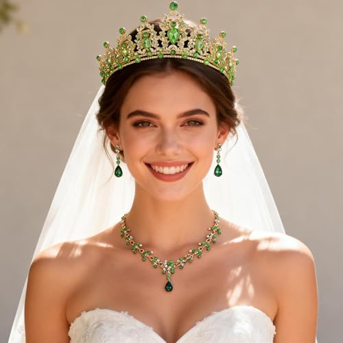 Aimilcall Tiaras Crown And Jewelry Sets for women,Tiaras Earrings and Necklace for Wedding, Birthday,Rhinestone Crystal Bridal Jewelry Sets for Costume Birthday Party Prom(gold green 3 pack) by Aimilcall - Used condition - Image 3