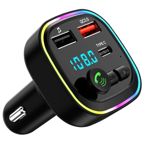 EuAcesry Transmisor FM Bluetooth Coche, Adaptador de Manos Libres, Inalámbrico Reproductor MP3 Mechero Coche, con 2 USB 5V/3A,QC3.0+Tipo C 20W PD Carga Rápida,Soporte Tarjeta TF y Flash USB