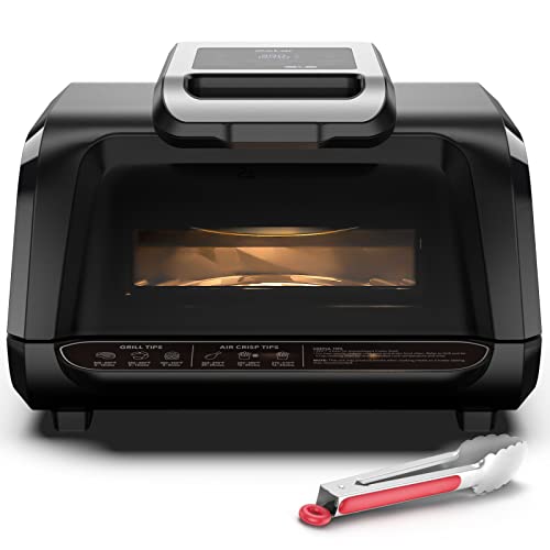 Indoor Grill Combo with See-Through Window, 7-in-1 Versatile, use Opened or Closed, Air Fry, Dehydrate & More, Pro Power Grate, Flat Top Griddle, 4Qt