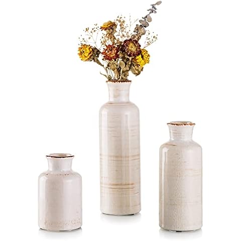 Keramik Vase Set Distressed White - Hewory Kleine Vasen 3er Set, Moderne Bauernhaus Vasen für Dekor, Rustikale dekorative Vasen für Regal, Tisch, Bücherregal, Kaminsims Cover