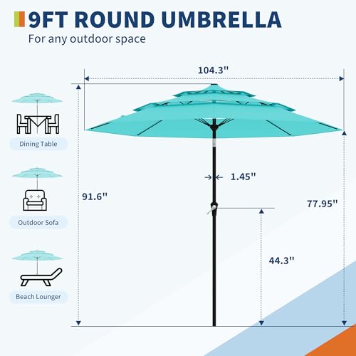 9Ft 3 Tiers Market Umbrella Outdoor, 3 Tiers Heavy Duty Patio Umbrella 8 Ribs, Outdoor Market Table Umbrellas with Ventilation and Hand Crank