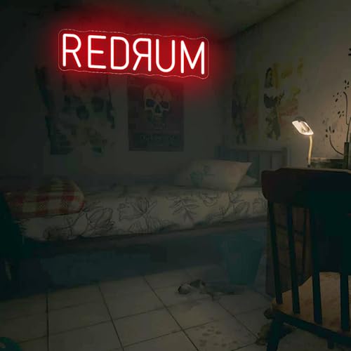 Image of Redrum Neon Sign Horror LED Wall Light Creepy Gothic Room Decor | Halloween LED Light Man Cave Decor USB Powered Dimmable Spooky Bar Sign Chilling Room Decoration 15.7 inchx4.9 inch