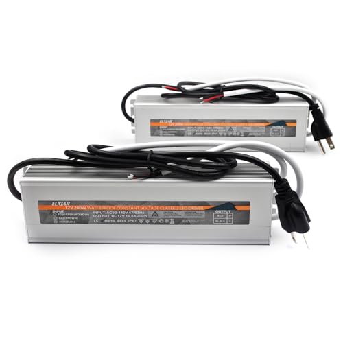 (2-Pack) 200W 12V Waterproof IP67 LED Power Supply Driver Transformer, 90-140V AC to 12V DC Low Voltage Output for Outdoor Use with Plug