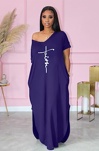 Image of Women Summer V Neck Loose Side Split Maxi Dresses with Pocket