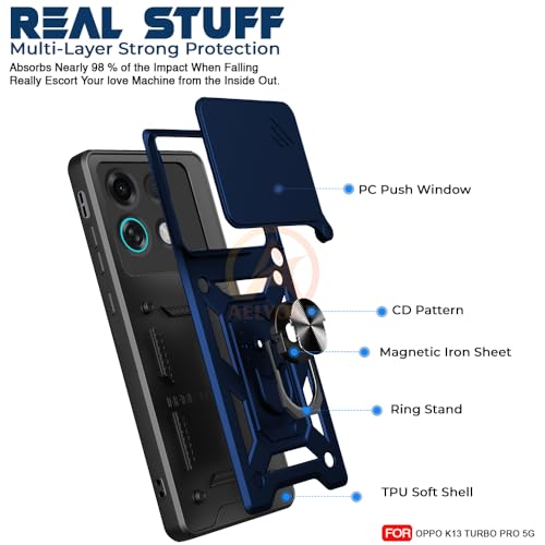 Image of Armor Bumper Back Cover Case for Oppo K13 Turbo 5G / Oppo K13 Turbo Pro 5G Rotating Camera Cover, Ring Holder & Kickstand | Heavy Duty & 360 Degree Protection Back Cover (Blue)