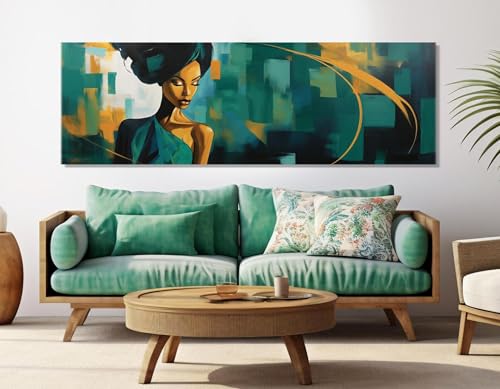 Peinture abstraite sur fond vert avec femme africaine pour déco murale salon 60x180 cm