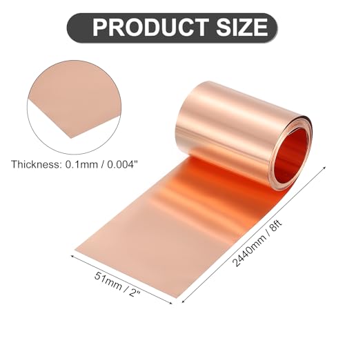 QUARKZMAN Reine Kupferblechrolle 0.1mm 22Ga Dicke T2 Kupferblech 2440mm x 51mm/8Ft x 2in Kupferstreifen Weiches Kupfer Metallfolienblech Für Basteln Elektrik Hausreparatur