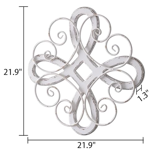 Sintosin Vintage Wrought Iron Wall Decor 22 Inch, Hanging Distressed White Farmhouse Wood and Metal Wall Art Decor, Rustic Medallion Home Wall Decor for Living Room Bedroom Entryway Hallway - Image 3