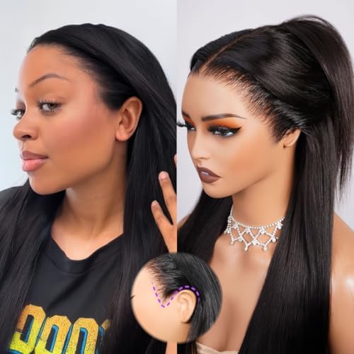 Megalook hair 13x6 Glueless Wigs Human Hair Pre Plucked Pre Cut Upgraded Ear-to-Ear HD Lace Front Wigs Human Hair Glueless Wear and Go Drawstring Straight Frontal Wig with Tapes 220% Density 20 Inch