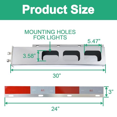 Image of Stainless Steel Mud Flap Hanger with 4 inch Light Cutouts Aluminum Reflectors,Spring Loaded,30 inch Length,2 1 /2 inch Bolt Spacing Bracket Mudflap Holder, W /Screws Nuts for Mudflap,Semi Truck (Rectangle)