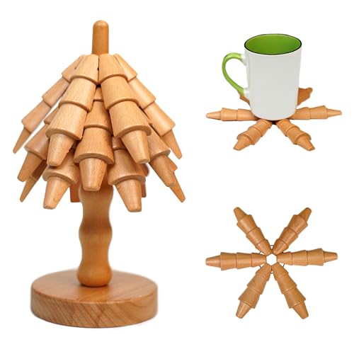 Wooden Trivets for Hot Dishes – Set of 4 Collapsible Tree-Shaped Trivets, Heat-Resistant, Durable Beech Wood Coasters for Pots, Pans, Teapots, and Hot Plates – Elegant Kitchen Table Protector
