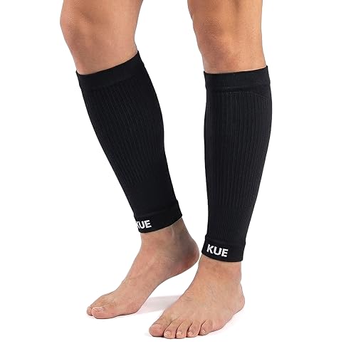 Image of KUE Compression calf sleeves for men and women | Running, Sports Activity | Improved Blood Circulation, Swelling, Calf Support in Muscle Fatigue & Recovery (Black- S /M)