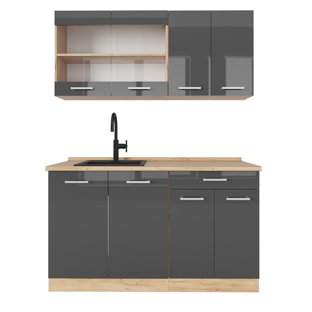 Vicco Cucina completa R-​Line, Antracite lucido/​oro power oak, 140 cm senza piano di lavoro, adatto per installazione autoportante o vicino alla parete