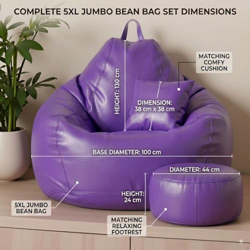 Image of KAM'S LIEU 5XL Bean Bag Combo with Footrest & Cushion | Filled with High Density EPS Beans | Comfortable Sofa for Living Room & Bedroom | 6 Months Warranty, Color- (Purple, 5XL, Classic)