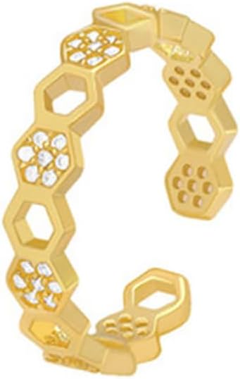 Crystal Honeycomb Bee Ring Adjustable Open Statement Wedding Engagement Promise Rings 14K Gold Plated Geometric Stacking Thumb Finger Bands Dainty Cubic Zirconia Jewelry for Women Wife