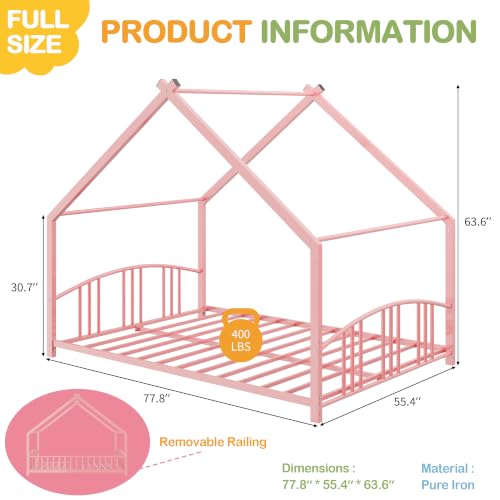 Image of Garvee Full Size Montessori Metal House Floor Bed Frame with Rail, Pink